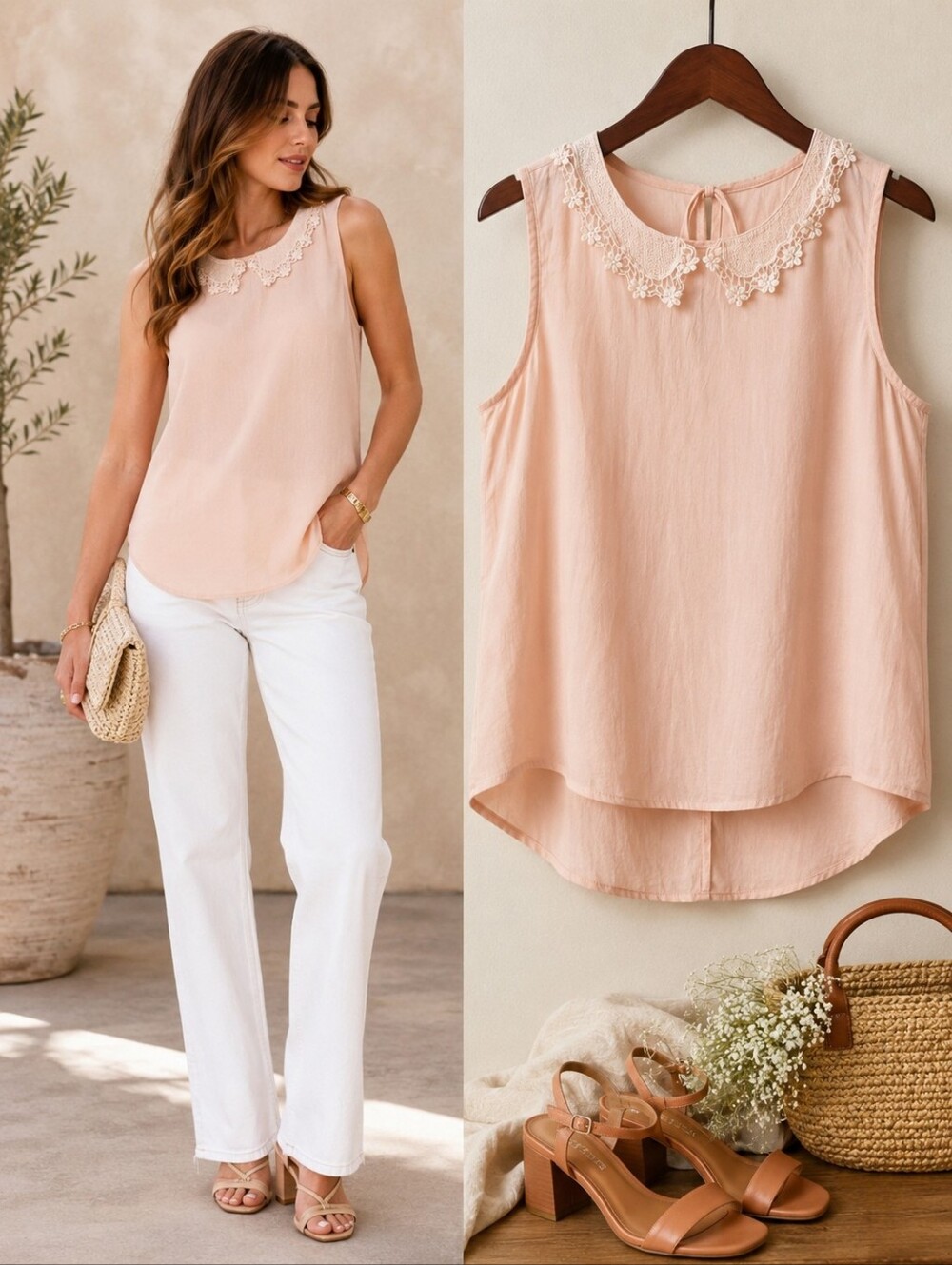 MNG Collection Blush Sleeveless Blouse XS Lace Collar Hi-Low Hem Soft Romantic